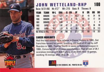 1994 Triple Play #100 John Wetteland Back