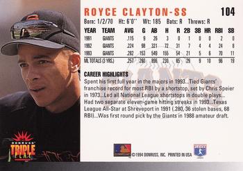 1994 Triple Play #104 Royce Clayton Back