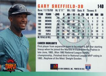 1994 Triple Play #140 Gary Sheffield Back