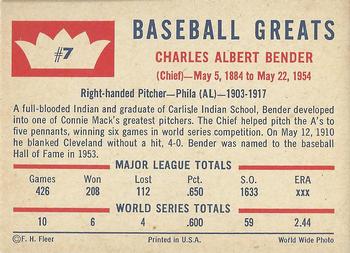 1960 Fleer Baseball Greats #7 Chief Bender Back
