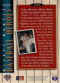 1994 Upper Deck - Baseball Heroes: Mickey Mantle #65 Mickey Mantle  Back