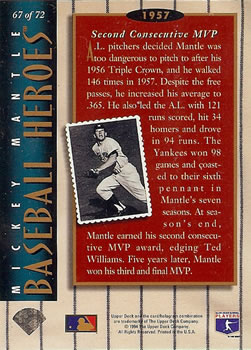 1994 Upper Deck - Baseball Heroes: Mickey Mantle #67 Mickey Mantle  Back
