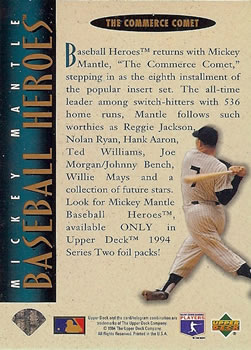 1994 Upper Deck - Baseball Heroes: Mickey Mantle #NNO Header Card Back