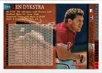 1995 Bowman #366 Len Dykstra Back