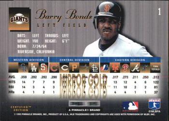 1995 Select Certified - Mirror Gold #1 Barry Bonds Back