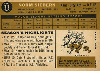 1960 Topps #11 Norm Siebern Back
