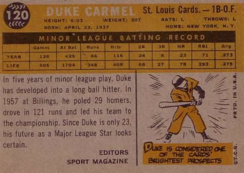 1960 Topps #120 Duke Carmel Back