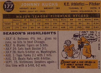 1960 Topps #177 Johnny Kucks Back