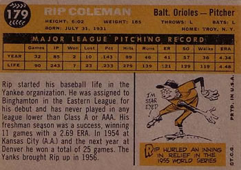 1960 Topps #179 Rip Coleman Back