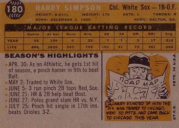 1960 Topps #180 Harry Simpson Back