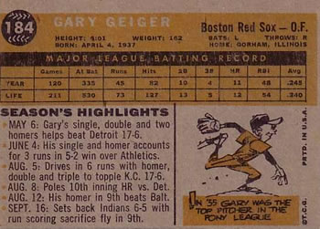 1960 Topps #184 Gary Geiger Back