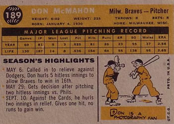 1960 Topps #189 Don McMahon Back