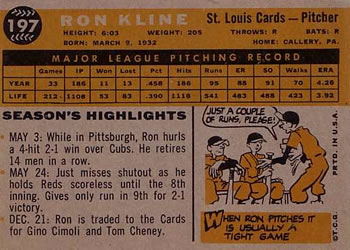 1960 Topps #197 Ron Kline Back