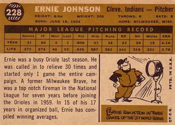 1960 Topps #228 Ernie Johnson Back