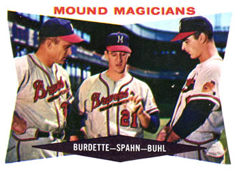1960 Topps #230 Mound Magicians (Lew Burdette / Warren Spahn / Bob Buhl) Front