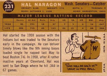 1960 Topps #231 Hal Naragon Back
