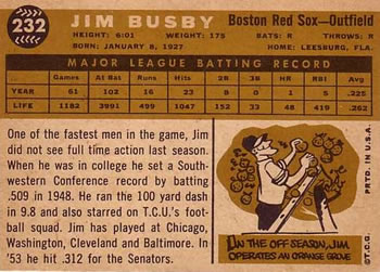 1960 Topps #232 Jim Busby Back