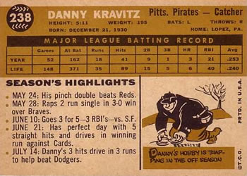 1960 Topps #238 Danny Kravitz Back