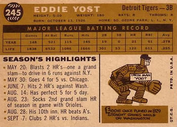 1960 Topps #245 Eddie Yost Back