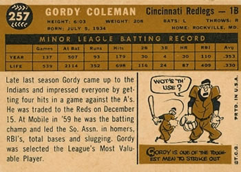 1960 Topps #257 Gordy Coleman Back