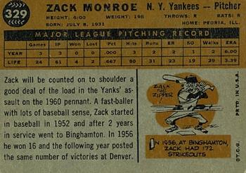 1960 Topps #329 Zack Monroe Back