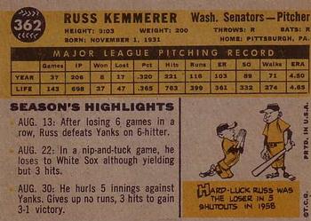 1960 Topps #362 Russ Kemmerer Back