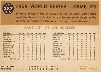 1960 Topps #387 1959 World Series Game #3 - Furillo Breaks up Game Back