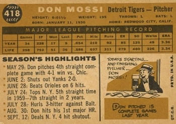 1960 Topps #418 Don Mossi Back