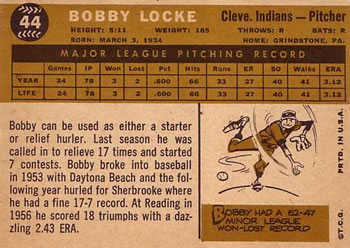 1960 Topps #44 Bobby Locke Back