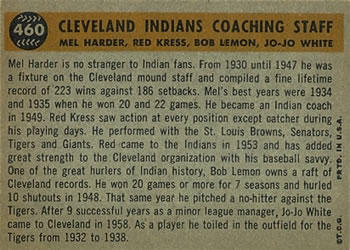 1960 Topps #460 Cleveland Indians Coaches (Mel Harder / Jo Jo White / Bob Lemon / Red Kress) Back
