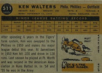 1960 Topps #511 Ken Walters Back