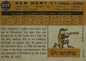 1960 Topps #522 Ken Hunt Back