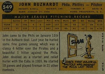 1960 Topps #549 John Buzhardt Back