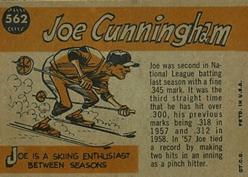 1960 Topps #562 Joe Cunningham Back