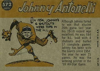 1960 Topps #572 Johnny Antonelli Back
