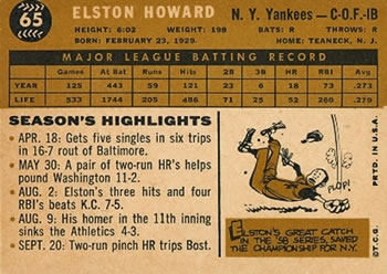 1960 Topps #65 Elston Howard Back