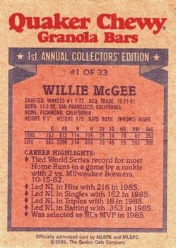 1986 Topps Quaker Granola #1 Willie McGee Back