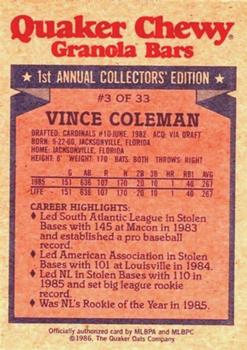 1986 Topps Quaker Granola #3 Vince Coleman Back