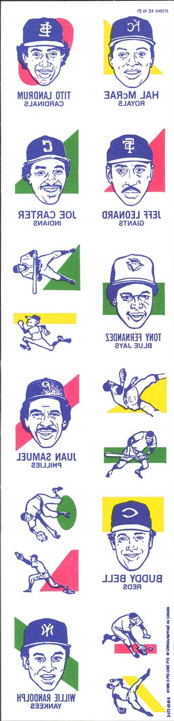 1986 O-Pee-Chee Tattoos #15 Tito Landrum / Hal McRae / Joe Carter / Jeff Leonard / Tony Fernandez  / Juan Samuel / Buddy Bell / Willie Randolph Front