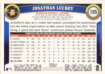 2011 Topps #105 Jonathan Lucroy Back