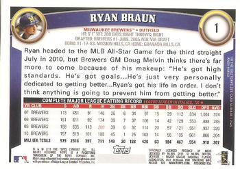 2011 Topps #1 Ryan Braun Back