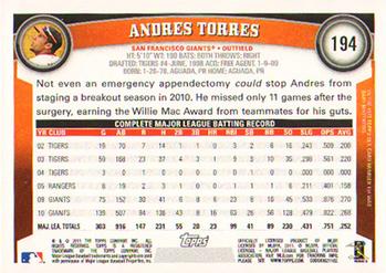 2011 Topps #194 Andres Torres Back