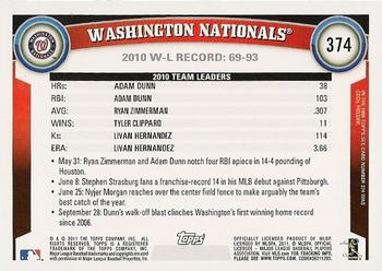 2011 Topps #374 Washington Nationals Back