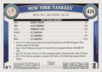 2011 Topps #424 New York Yankees Back