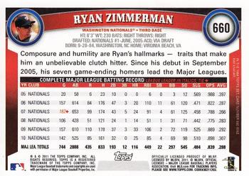 2011 Topps #660 Ryan Zimmerman Back