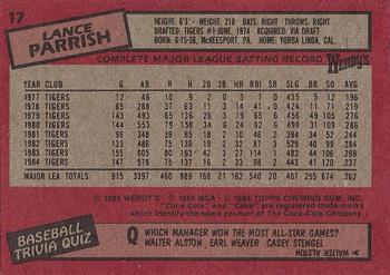 1985 Topps Wendy's/Coca-Cola Detroit Tigers #17 Lance Parrish Back