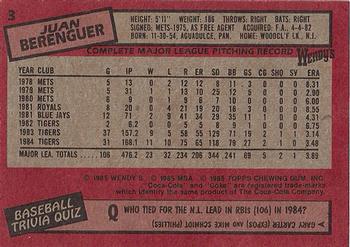 1985 Topps Wendy's/Coca-Cola Detroit Tigers #3 Juan Berenguer Back