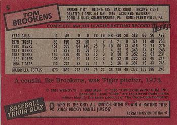 1985 Topps Wendy's/Coca-Cola Detroit Tigers #5 Tom Brookens Back