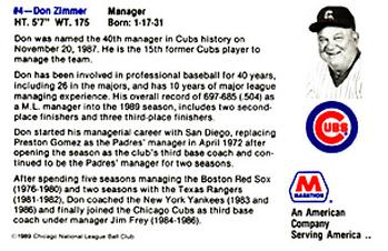 1989 Marathon Chicago Cubs #NNO Don Zimmer Back