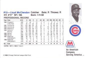1989 Marathon Chicago Cubs #NNO Lloyd McClendon Back